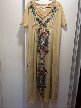 Badgley Mischka Beige Maxi Dress with Multicolor Embroidered Panel